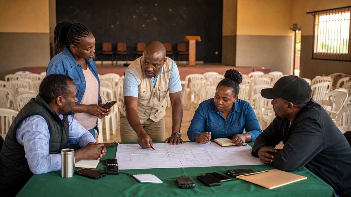 Kenyan campaign events team planning a peaceful community meeting in an empty social hall
