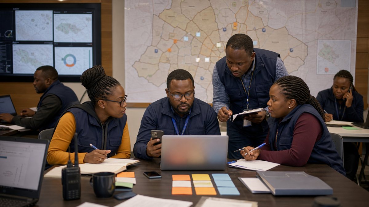 Kenyan campaign operations team reviewing a field incident report in Vota