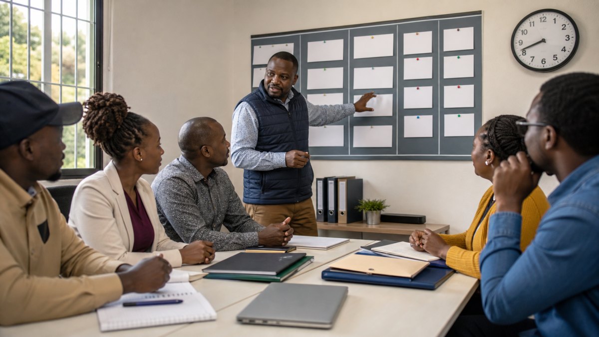 Kenyan campaign manager reviewing daily field assignments with coordinators in a campaign office