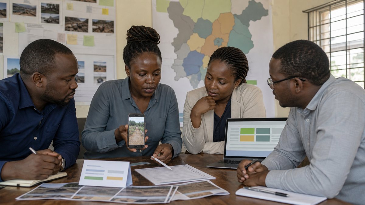 Kenyan policy and field team reviewing a campaign commitment against photographed community evidence