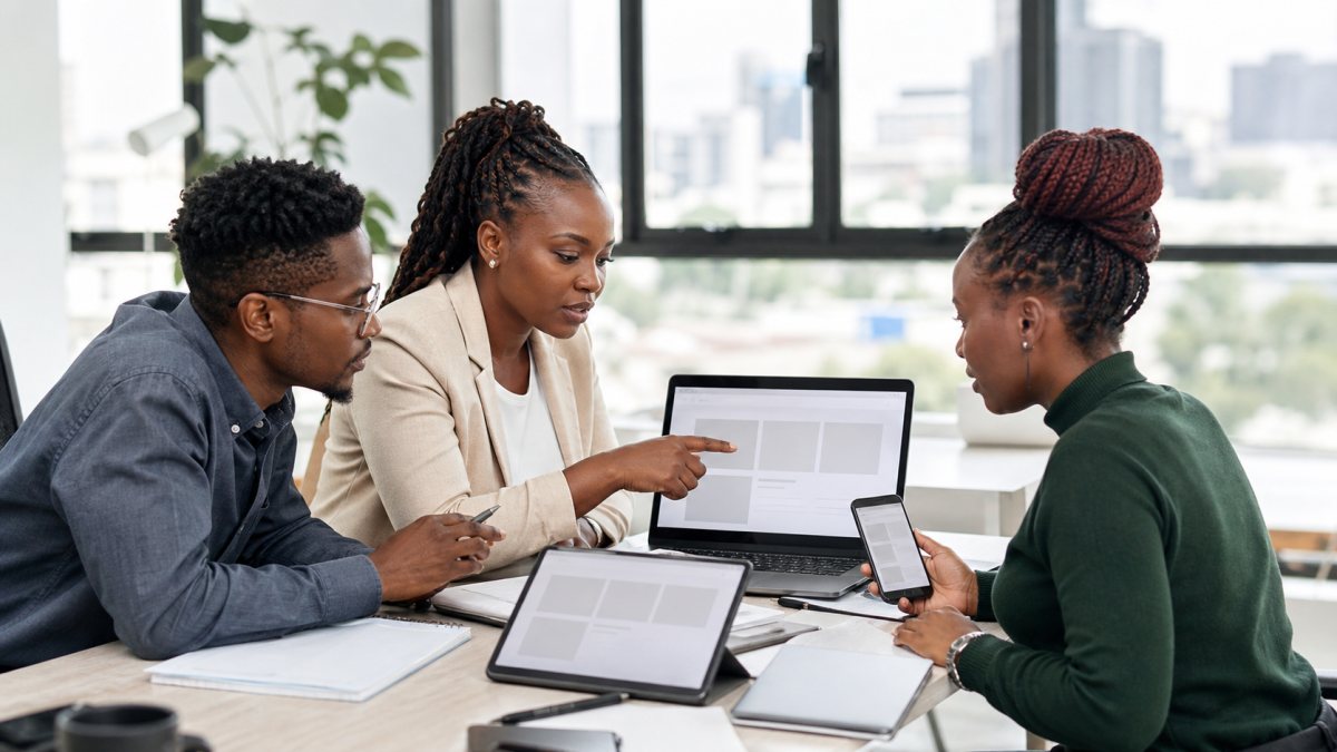 Kenyan political aspirant and communications team reviewing a public campaign website on several devices