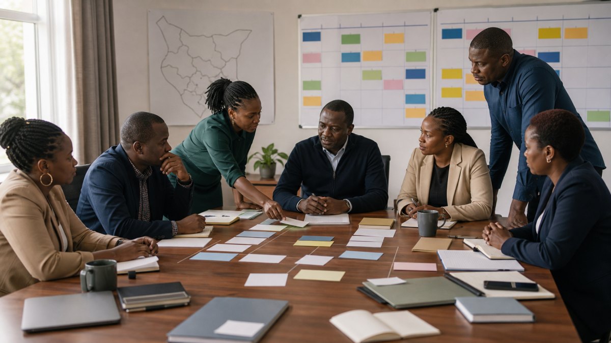 Kenyan presidential running-mate team coordinating county activity in a shared joint-ticket workspace