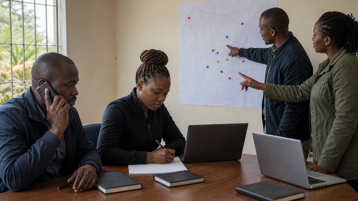 Authorised Kenyan campaign incident desk calmly triaging an Election Day operational report using an unlabeled area map
