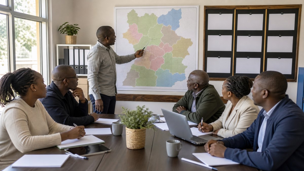 Kenyan governor campaign manager reviewing countywide field reports with constituency and ward coordinators