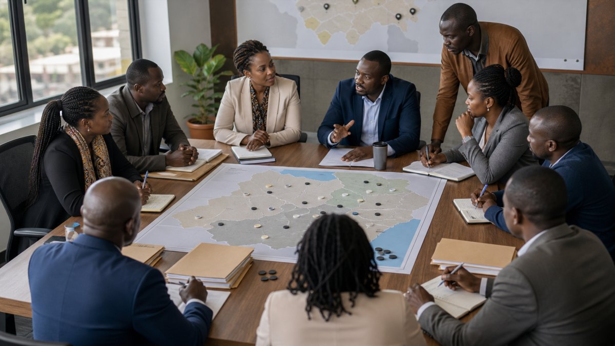 Kenyan governor campaign managers reviewing countywide ward coordination with field teams