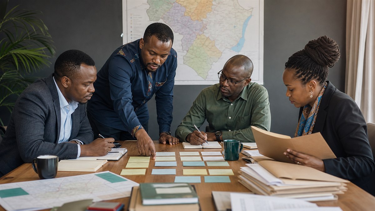 Kenyan governor aspirant and policy team reviewing ward issues, county functions and manifesto evidence on a campaign workspace