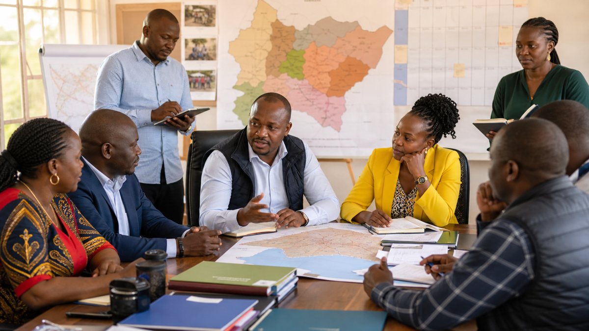 Kenyan governor aspirant and county campaign managers reviewing constituency and ward assignments around a planning table