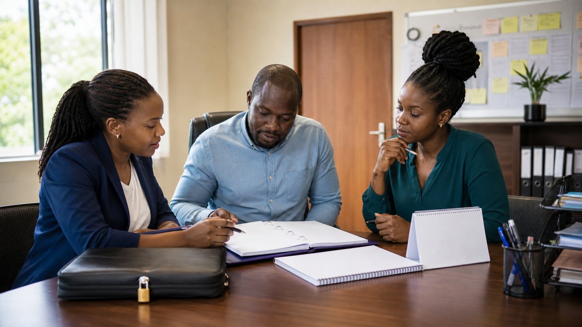 Kenyan political aspirant reviewing a party nomination readiness checklist with campaign advisers
