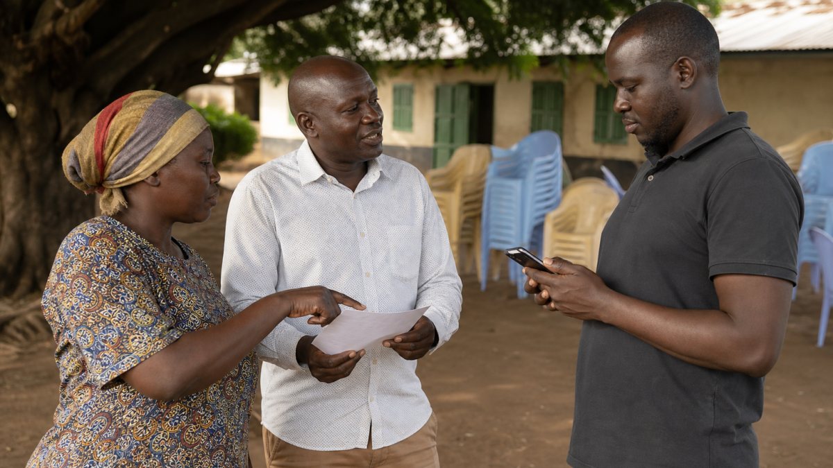 Kenyan campaign field coordinator reviewing a routine community activity report with two authorised ward volunteers