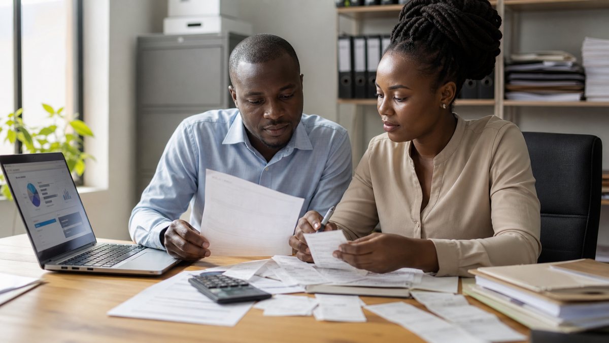 Kenyan campaign treasurer and operations manager reviewing receipts and an internal expense request