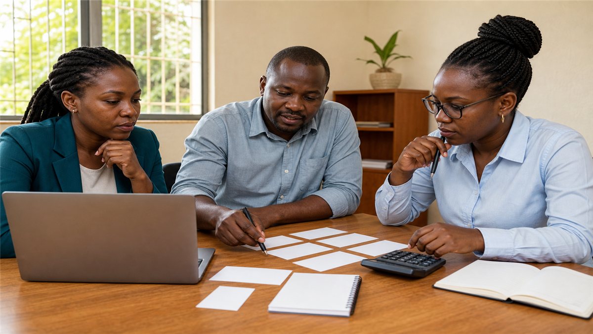 Kenyan campaign leaders comparing software scope and operating costs around an office table