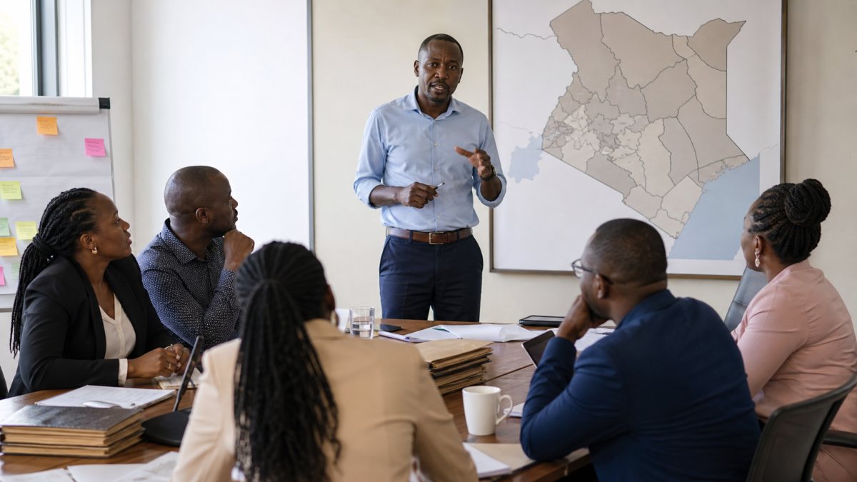 Kenyan presidential campaign leadership reviewing a national county coordination map in a professional command centre