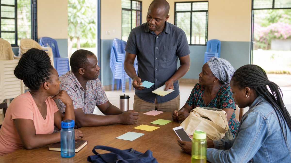Kenyan campaign volunteer coordinator assigning community outreach roles during a peaceful orientation session